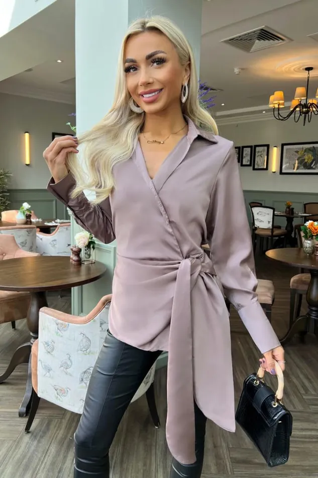 AX Paris Tops Taupe Satin Tie Waist Wrap Shirt