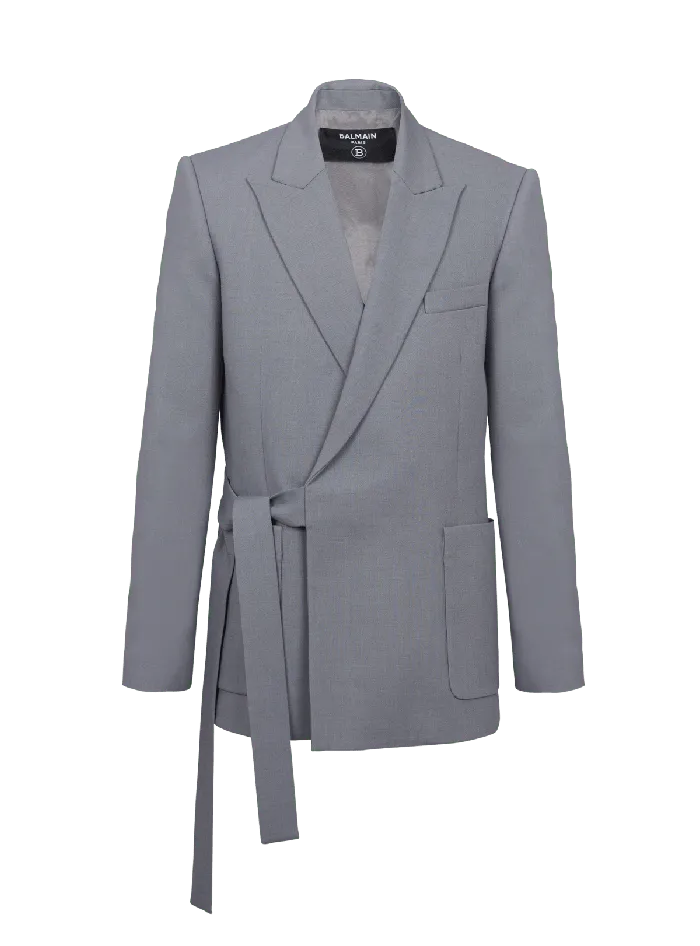 Balmain Jackets And Blazers Men Belted Asymmetrical Jacket In Double Crepe Grey Balmain Jackets And Blazers Men Belted Asymmetrical Jacket In Double Crepe Grey