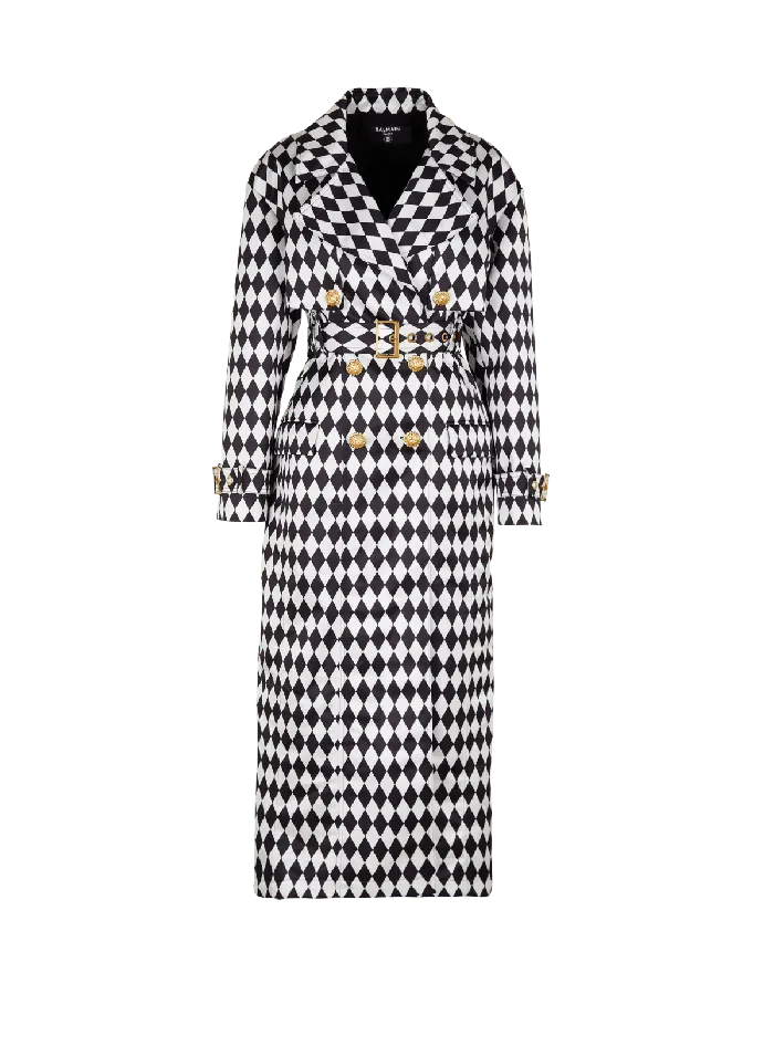 Balmain Outerwear Women Diamond Print Belted Trench Coat Black