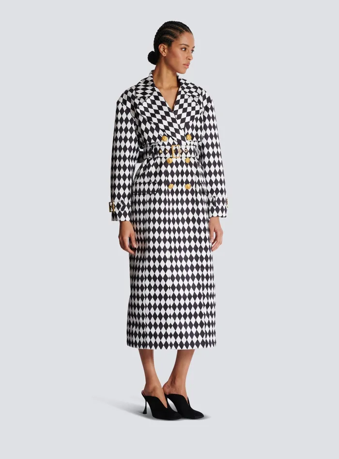 Balmain Outerwear Women Diamond Print Belted Trench Coat Black