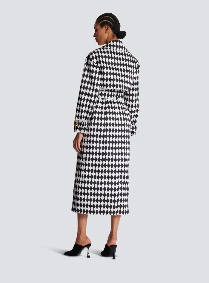 Balmain Outerwear Women Diamond Print Belted Trench Coat Black