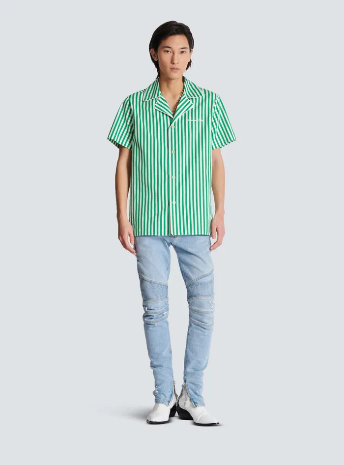Balmain Shirts And Polos Men Shortsleeved Striped Cotton Pyjama Shirt Green