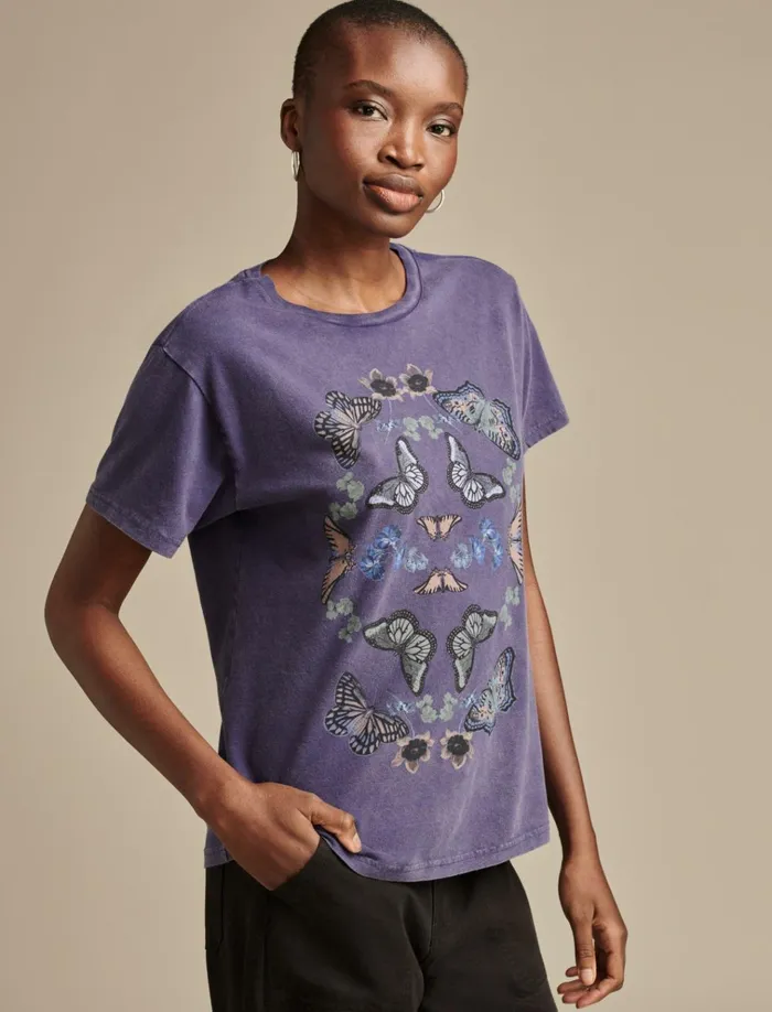 Butterflies Boyfriend Tee Blue Ribbon Women Lucky Brand Graphic Tees