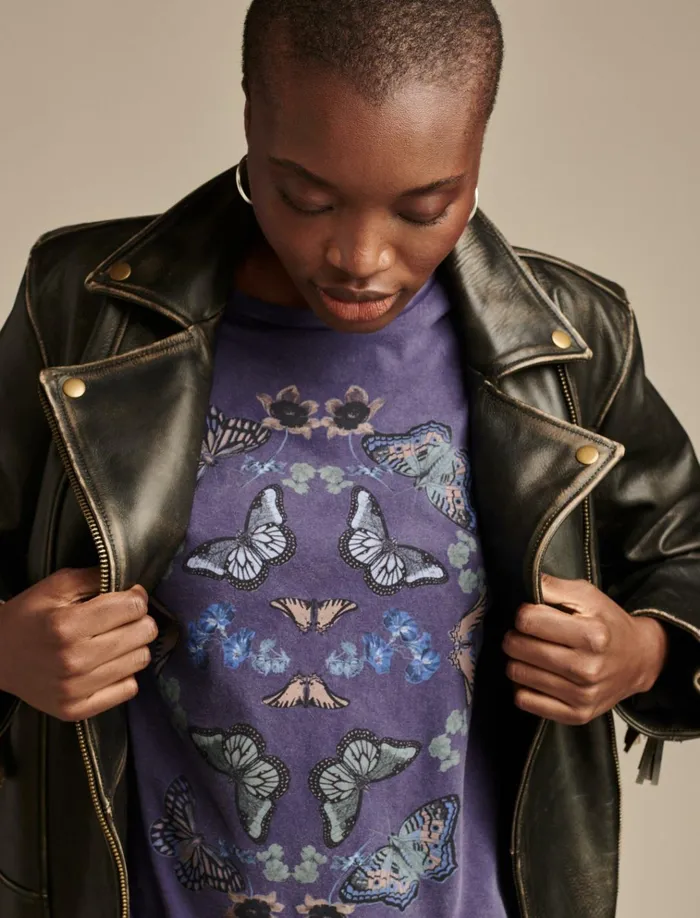 Butterflies Boyfriend Tee Blue Ribbon Women Lucky Brand Graphic Tees