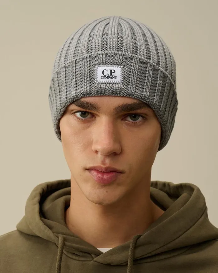 CP Company Hats Extra Fine Merino Wool Logo Beanie Griffin Grey 8211 Man