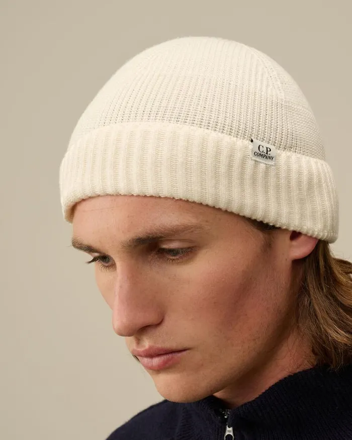 CP Company Hats ReWool Fisherman Beanie Gauze White 8211 Man