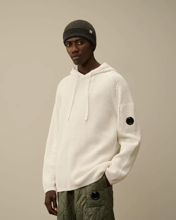 CP Company Jumpers Cotton Chenille Hooded Waffle Knit Gauze White 8211 Man