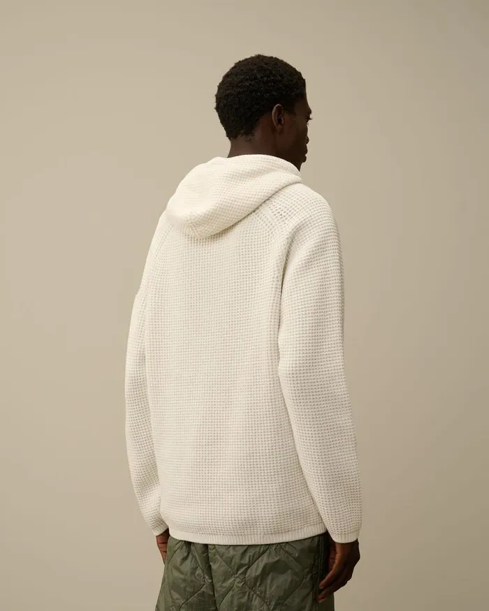 CP Company Jumpers Cotton Chenille Hooded Waffle Knit Gauze White 8211 Man
