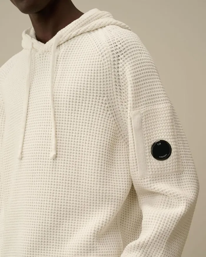 CP Company Jumpers Cotton Chenille Hooded Waffle Knit Gauze White 8211 Man