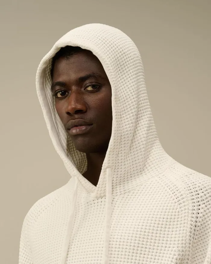 CP Company Jumpers Cotton Chenille Hooded Waffle Knit Gauze White 8211 Man