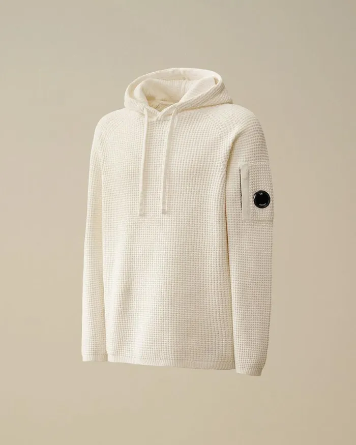 CP Company Jumpers Cotton Chenille Hooded Waffle Knit Gauze White 8211 Man