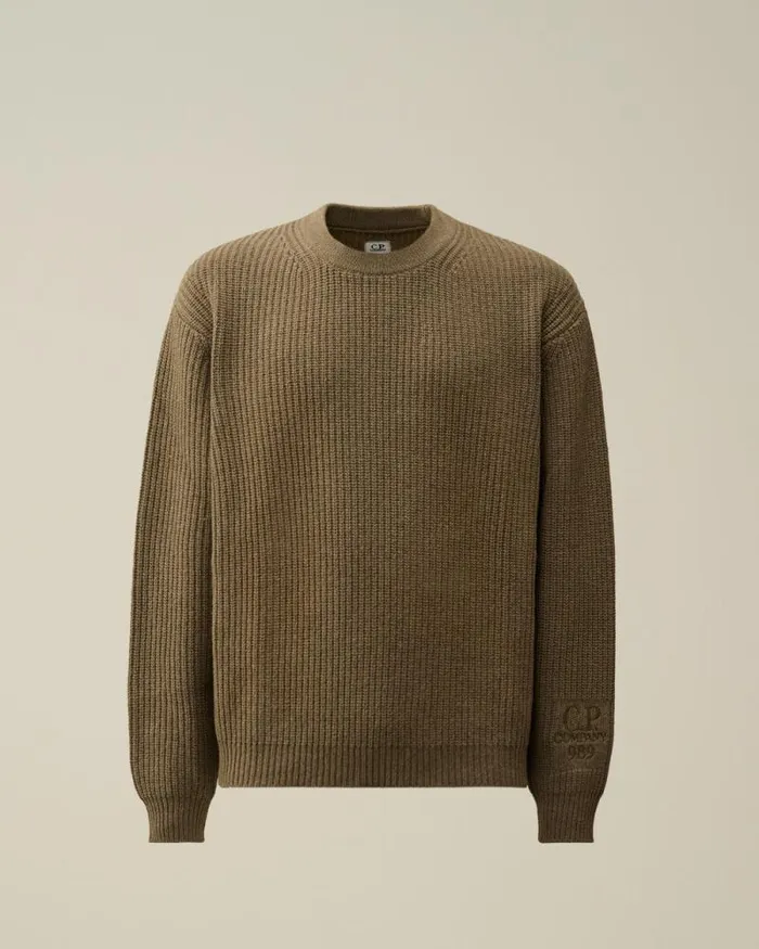 CP Company Jumpers Lambswool GRS Boxy Crew Neck Ribbed Knit Walnut Beige 8211 Man CP Company Jumpers Lambswool GRS Boxy Crew Neck Ribbed Knit Walnut Beige 8211 Man