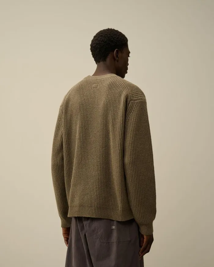 CP Company Jumpers Lambswool GRS Boxy Crew Neck Ribbed Knit Walnut Beige 8211 Man