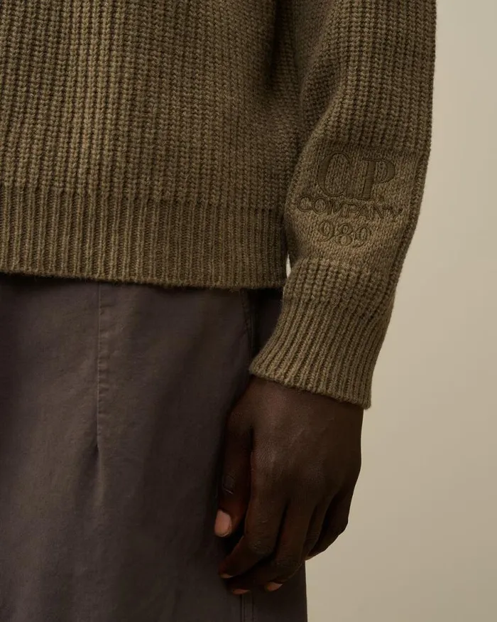 CP Company Jumpers Lambswool GRS Boxy Crew Neck Ribbed Knit Walnut Beige 8211 Man