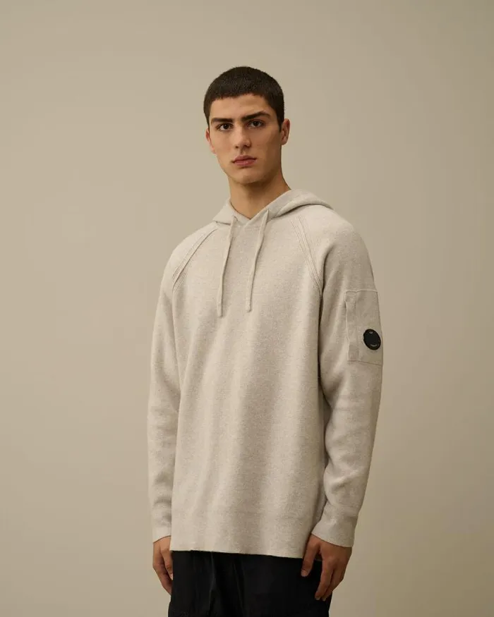 CP Company Jumpers Lambswool GRS Hooded Waffle Knit Off White Melange 8211 Man