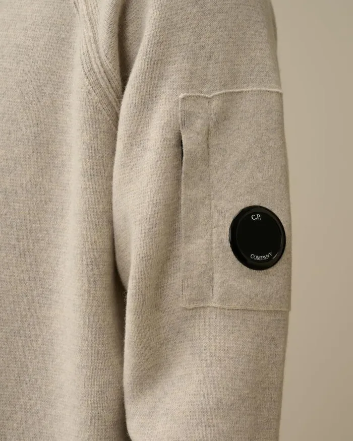CP Company Jumpers Lambswool GRS Hooded Waffle Knit Off White Melange 8211 Man