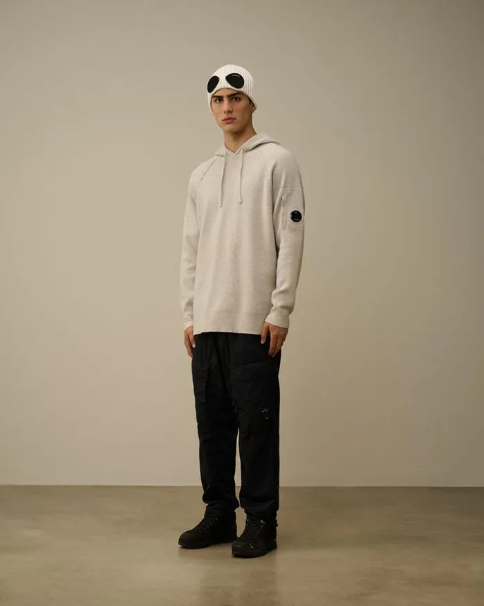 CP Company Jumpers Lambswool GRS Hooded Waffle Knit Off White Melange 8211 Man