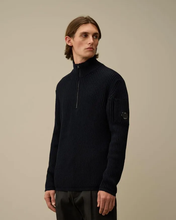 CP Company Jumpers ReWool Half Zip Knit Total Eclipse Blue 8211 Man