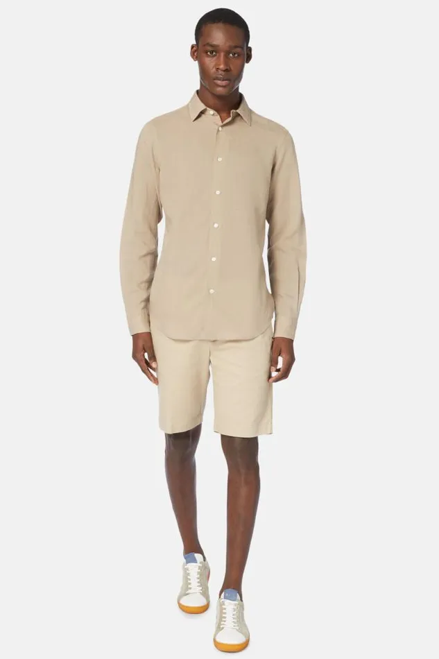 Casual Shirts Men Boggi Milano Regular Fit Beige Tencel Linen Shirt Sand