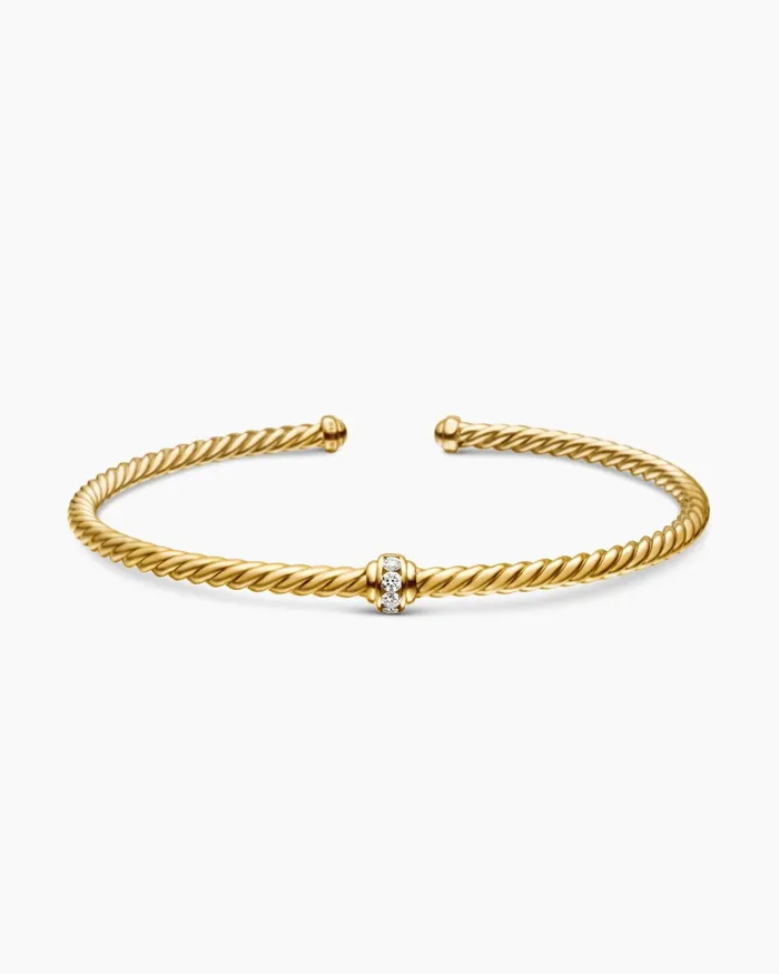 Classic Cablespira Station Bracelet In 18K Yellow Gold With Diamonds 3mm Women David Yurman Cuff Classic Cablespira Station Bracelet In 18K Yellow Gold With Diamonds 3mm Women David Yurman Cuff