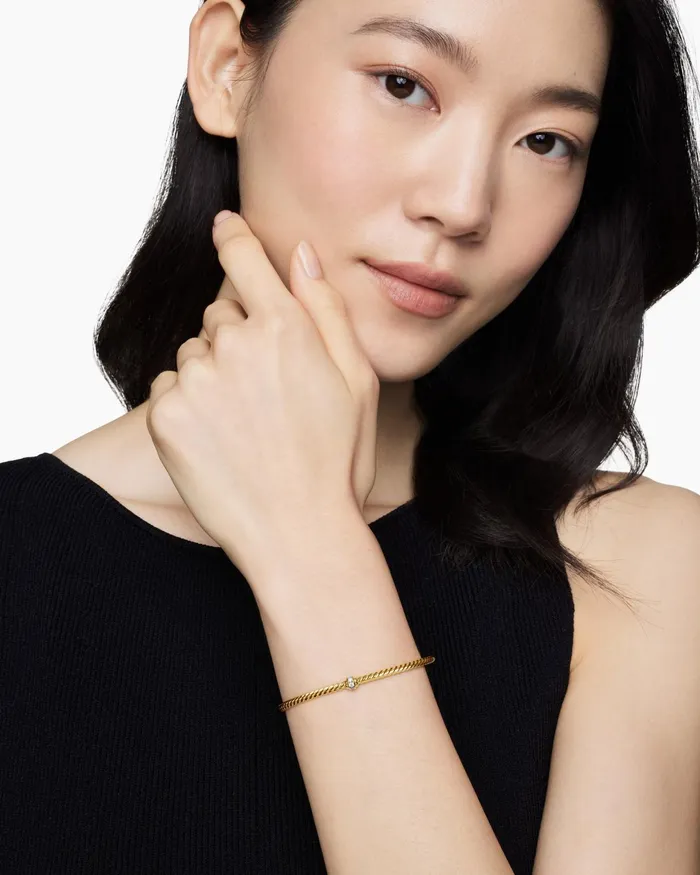 Classic Cablespira Station Bracelet In 18K Yellow Gold With Diamonds 3mm Women David Yurman Cuff Classic Cablespira Station Bracelet In 18K Yellow Gold With Diamonds 3mm Women David Yurman Cuff