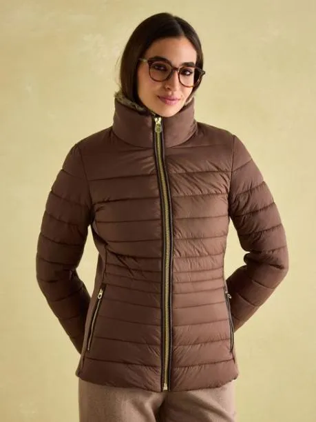 Coats and Jackets Women Joules Brown Padded Showerproof Jacket With Faux Fur Trim
