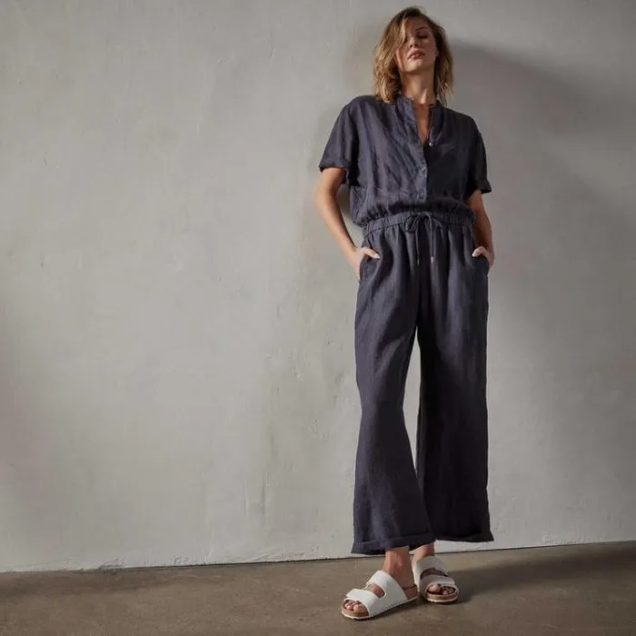 DressesJumpsuits Women James Perse Lightweight Linen Collarless Jumpsuit Blue Oil