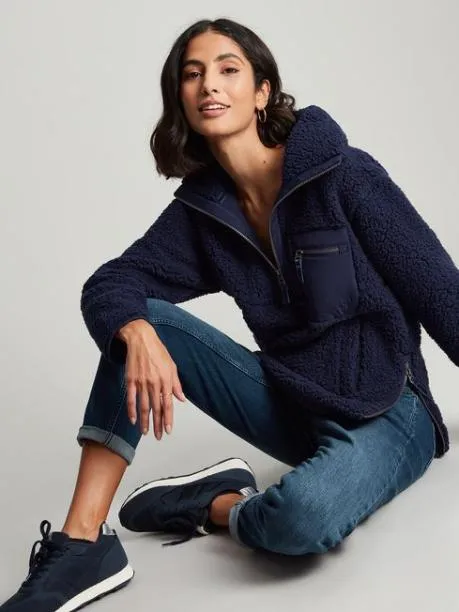 Fleeces and Sweatshirts Women Joules Navy Blue Zip Front Fleece With Hem Detail