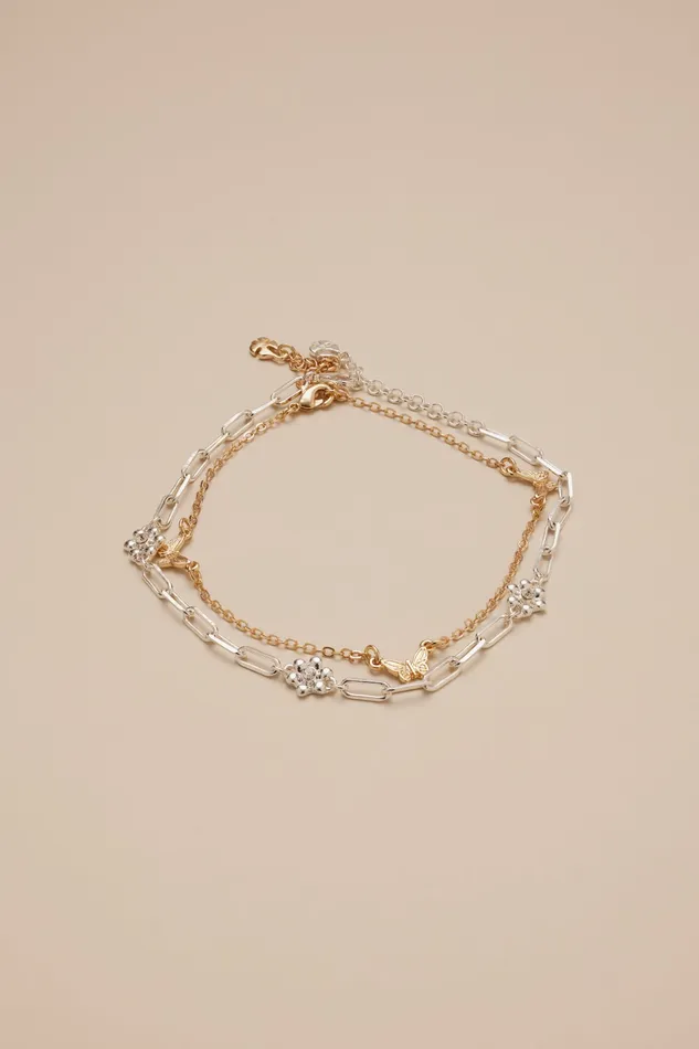 Flower And Butterfly Chain Anklet Set Two Tone Women Lucky Brand Jewelry