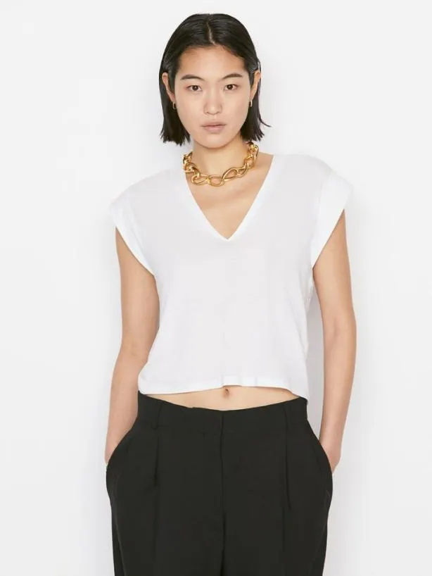 Frame Le High Rise V Neck Tee In Blanc Blanc Women Tanks and Tees