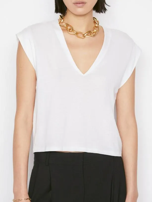 Frame Le High Rise V Neck Tee In Blanc Blanc Women Tanks and Tees Frame Le High Rise V Neck Tee In Blanc Blanc Women Tanks and Tees