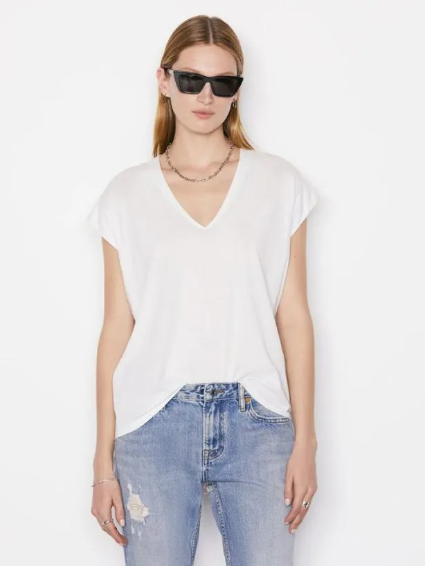 Frame Le Mid Rise V Neck Tee In Blanc Blanc Women Tanks and Tees