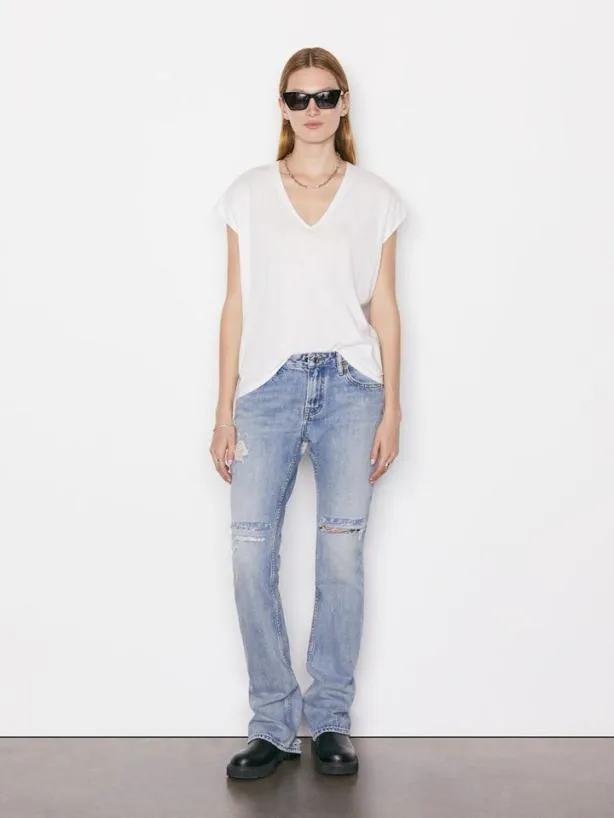 Frame Le Mid Rise V Neck Tee In Blanc Blanc Women Tanks and Tees Frame Le Mid Rise V Neck Tee In Blanc Blanc Women Tanks and Tees
