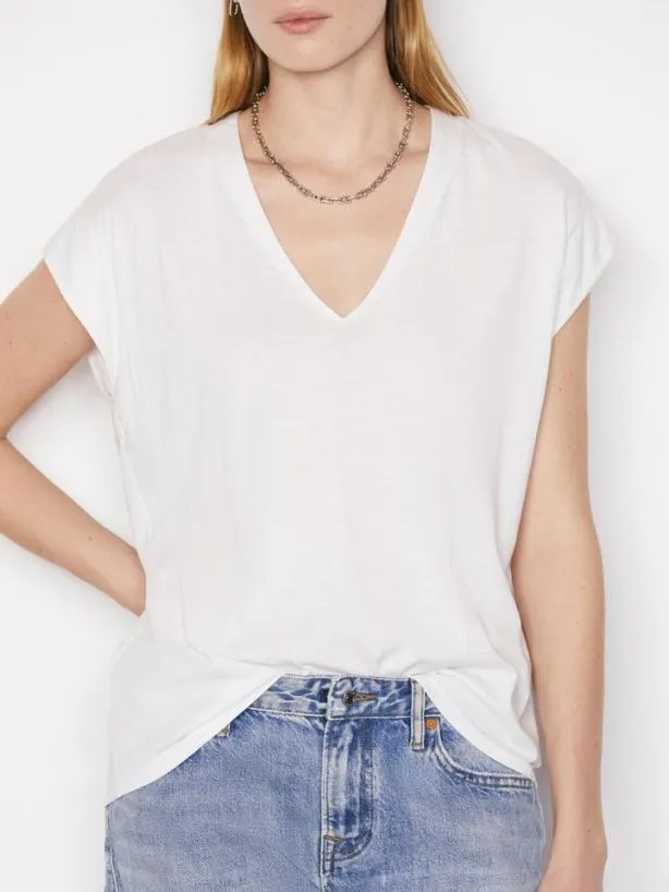 Frame Le Mid Rise V Neck Tee In Blanc Blanc Women Tanks and Tees Frame Le Mid Rise V Neck Tee In Blanc Blanc Women Tanks and Tees