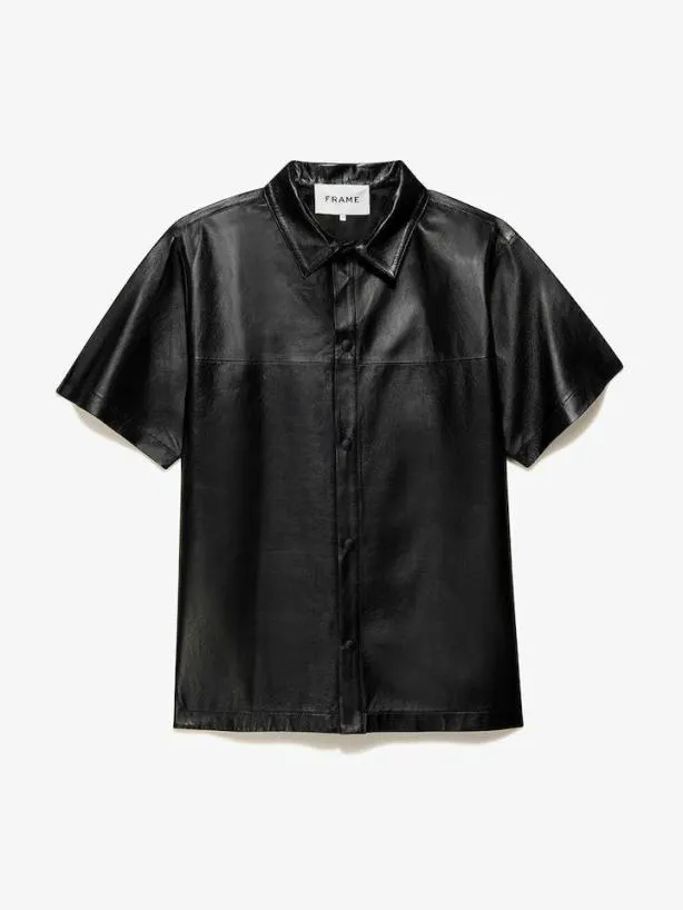 Frame Short Sleeve Leather Shirt In Noir Noir Men Shirts