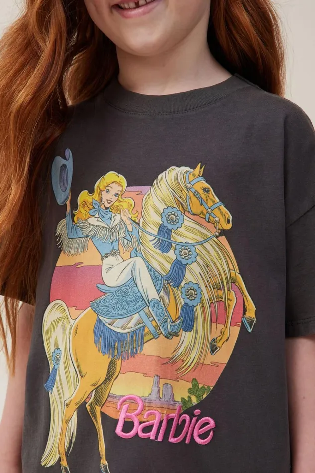 Girls Tops and TShirts Cotton On License Drop Shoulder Short Sleeve Tee Lcn Mat Barbie Westernphantom Wash Girls Tops and TShirts Cotton On License Drop Shoulder Short Sleeve Tee Lcn Mat Barbie Westernphantom Wash