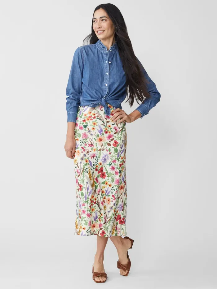 JMclaughlin Adelyn Silk Blend Skirt In Watercolor Petals Bias Off Whitemulti Women Skirts and Skorts