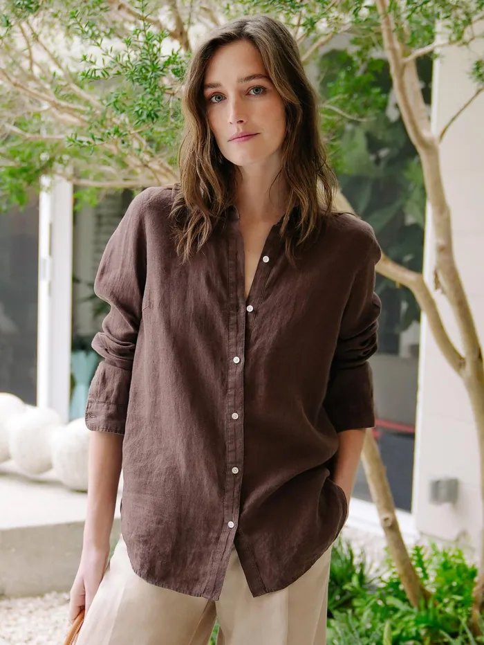 JMclaughlin Britt Linen Shirt Dark Brown Women Shirts and Tops