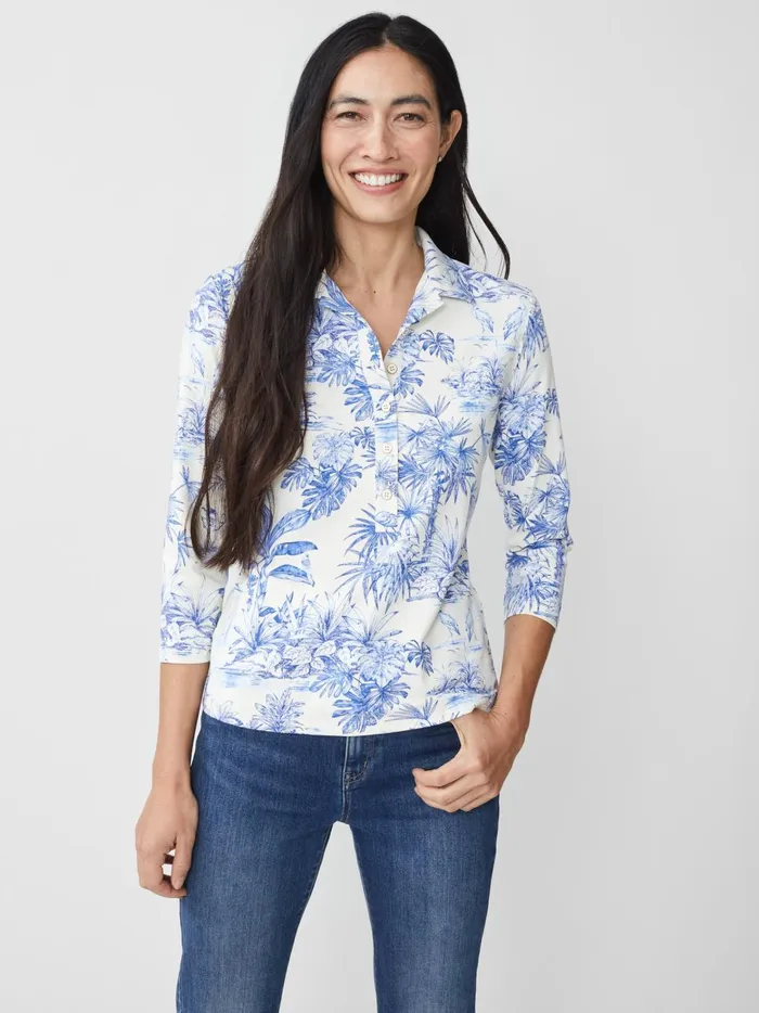 JMclaughlin Court 34 Sleeve Polo In Estuary Idyll Off Whiteblue Women Shirts and Tops JMclaughlin Court 34 Sleeve Polo In Estuary Idyll Off Whiteblue Women Shirts and Tops