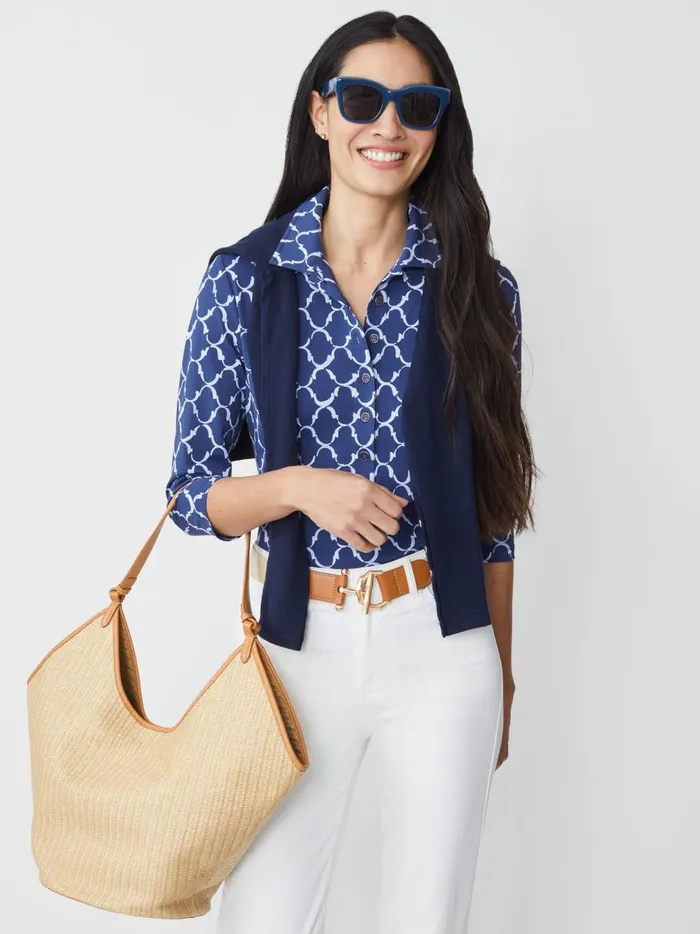 JMclaughlin Court 34 Sleeve Polo In Mega Palm Spring Navychambray Women Shirts and Tops JMclaughlin Court 34 Sleeve Polo In Mega Palm Spring Navychambray Women Shirts and Tops