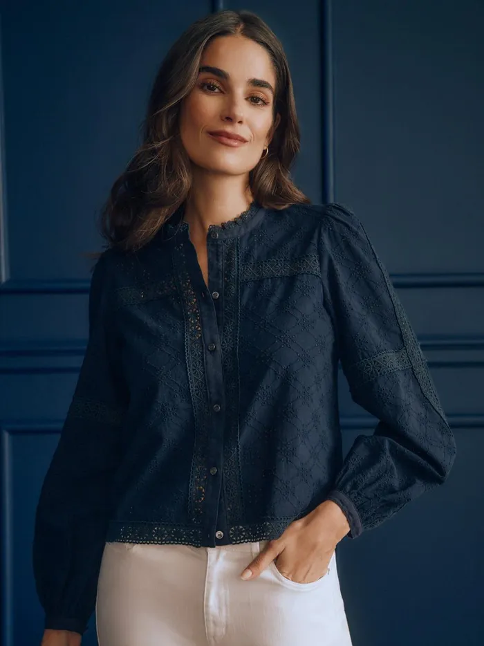 JMclaughlin Hilarie Eyelet Blouse Navy Women Shirts and Tops