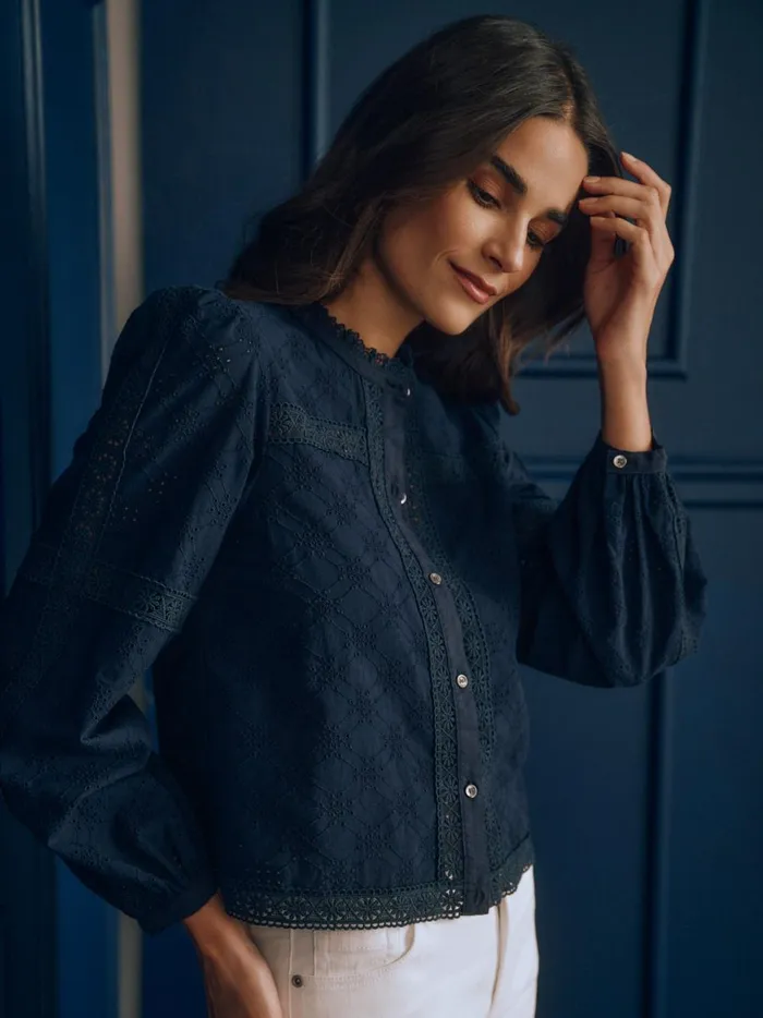 JMclaughlin Hilarie Eyelet Blouse Navy Women Shirts and Tops