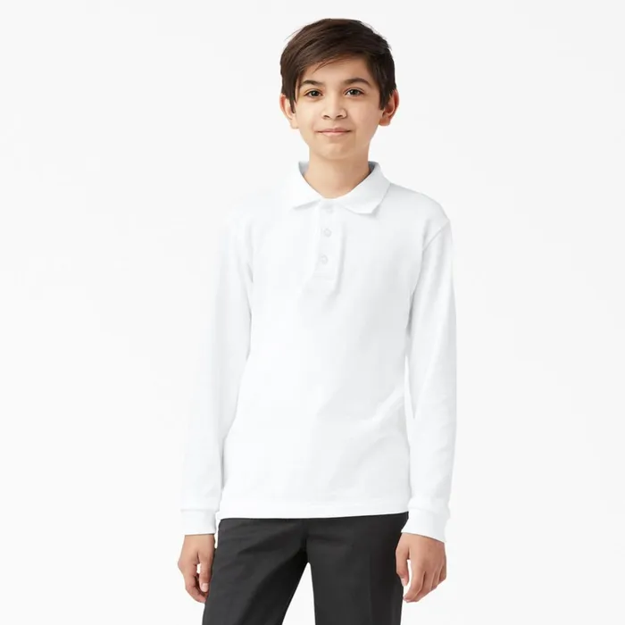Kids039 Piqu Long Sleeve Polo 420 White White wh Kids Dickies Shirts