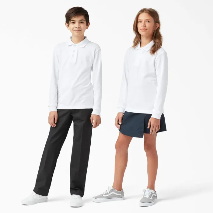 Kids039 Piqu Long Sleeve Polo 420 White White wh Kids Dickies Shirts Kids039 Piqu Long Sleeve Polo 420 White White wh Kids Dickies Shirts