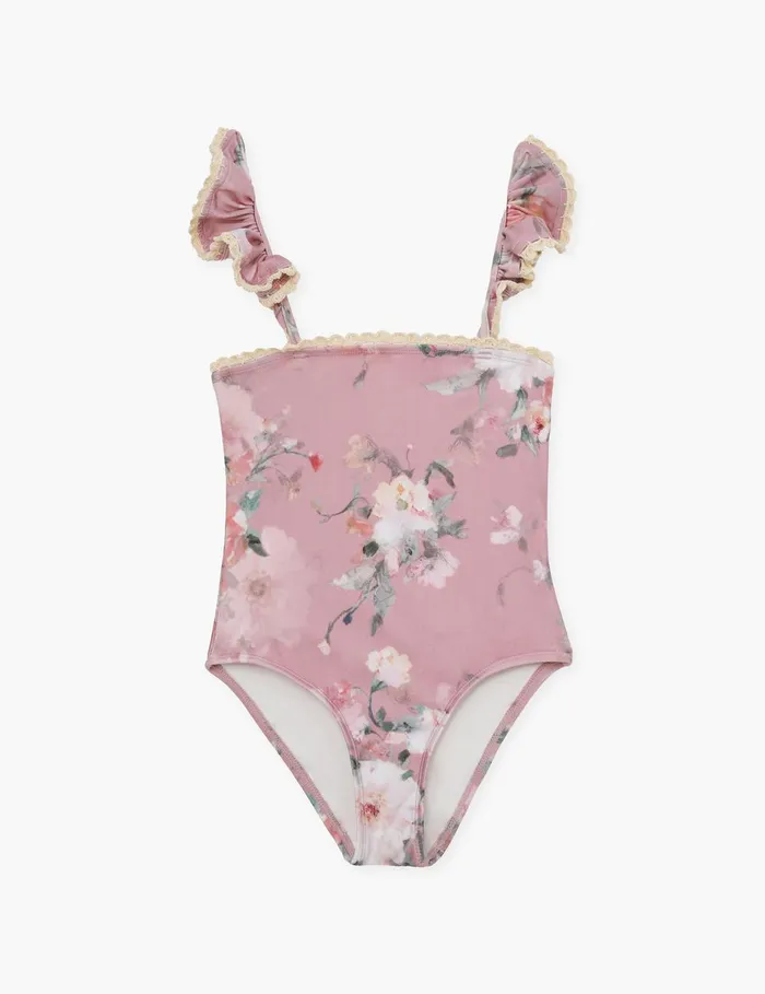 Kids Swimwear Zimmermann Everley Trim Frill 1pc Pink Watercolour Floral