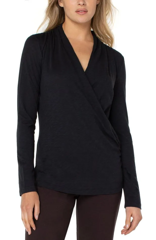 KNIT TOPS Women Liverpool Los Angeles LONG SLEEVE WRAP FRONT SLUB KNIT TOP Black KNIT TOPS Women Liverpool Los Angeles LONG SLEEVE WRAP FRONT SLUB KNIT TOP Black