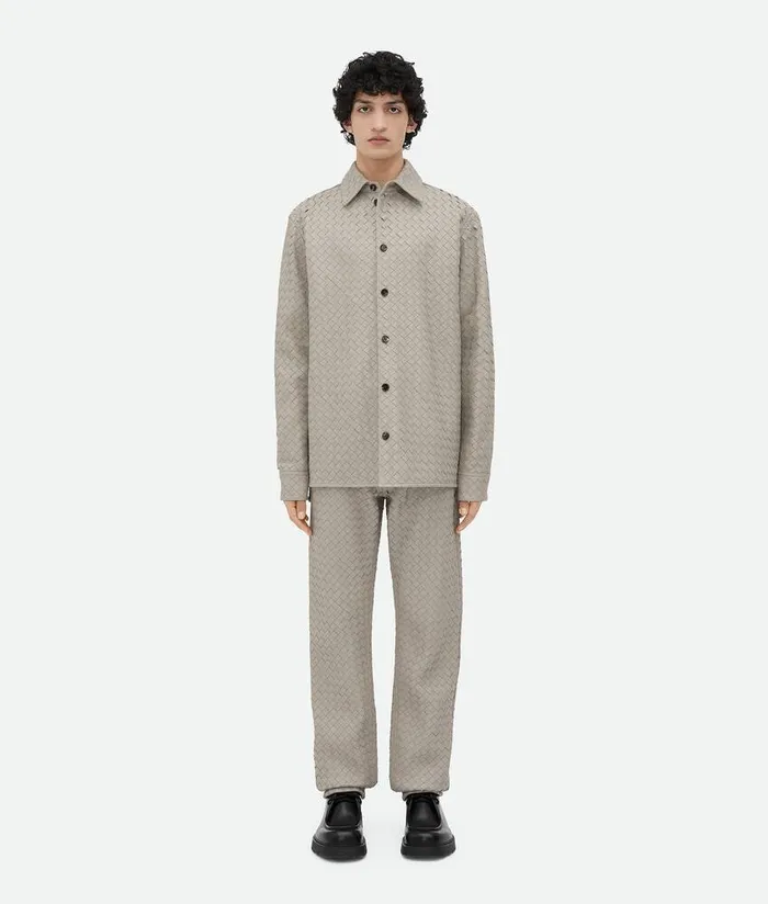 Men Bottega Veneta Leather Intrecciato Relaxed Leather Shirt Metallic Mist