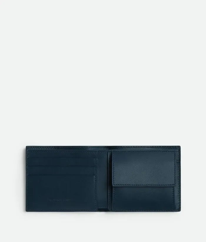 Men Bottega Veneta Small Wallets Cassette BiFold Wallet With Coin Purse Deep Bluenatural