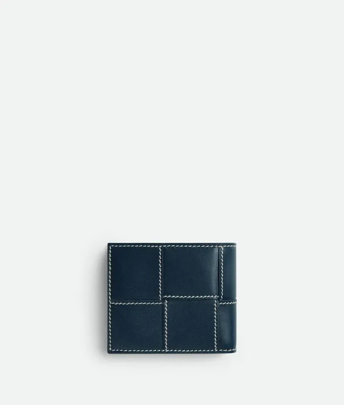 Men Bottega Veneta Small Wallets Cassette BiFold Wallet With Coin Purse Deep Bluenatural
