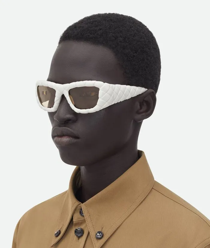 Men Bottega Veneta Sunglasses Intrecciato Rectangular Sunglasses Whiteyellow